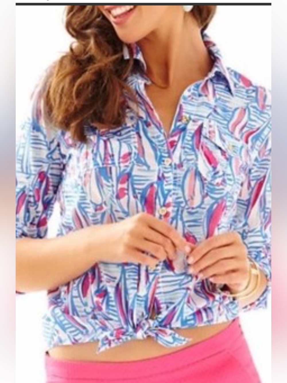 Lilly Pulitzer You Gotta Regatta Down Long Sleeve Button Down Cotton Top Size 8